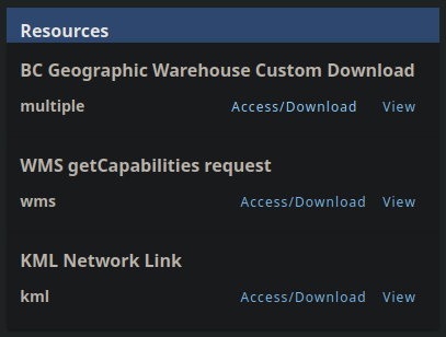 BC Data Catalogue Resources section for [Forest Road Segment Tenure](https://catalogue.data.gov.bc.ca/dataset/forest-road-segment-tenure)